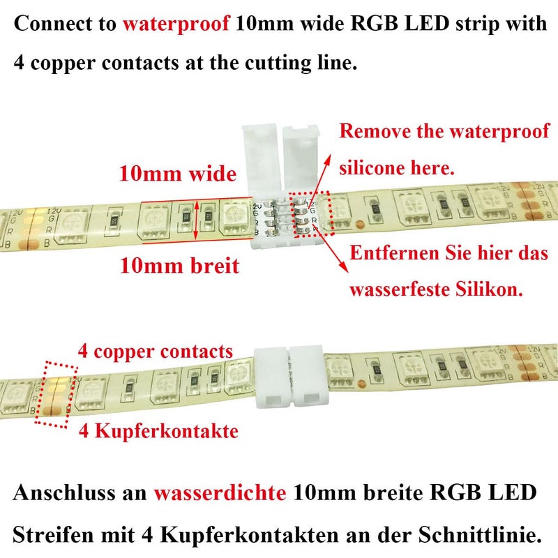 LITAELEK موصل شريط LED RGB 10 قطع LitaElek 4 دبابيس موصل شريط LED موصل شريط LED سريع موصل مشبك حبل LED محول بدون لحام بدون فجوة تمديد لشريط LED متعدد الألوان SMD 5050 بعرض 10 مم - Image 4